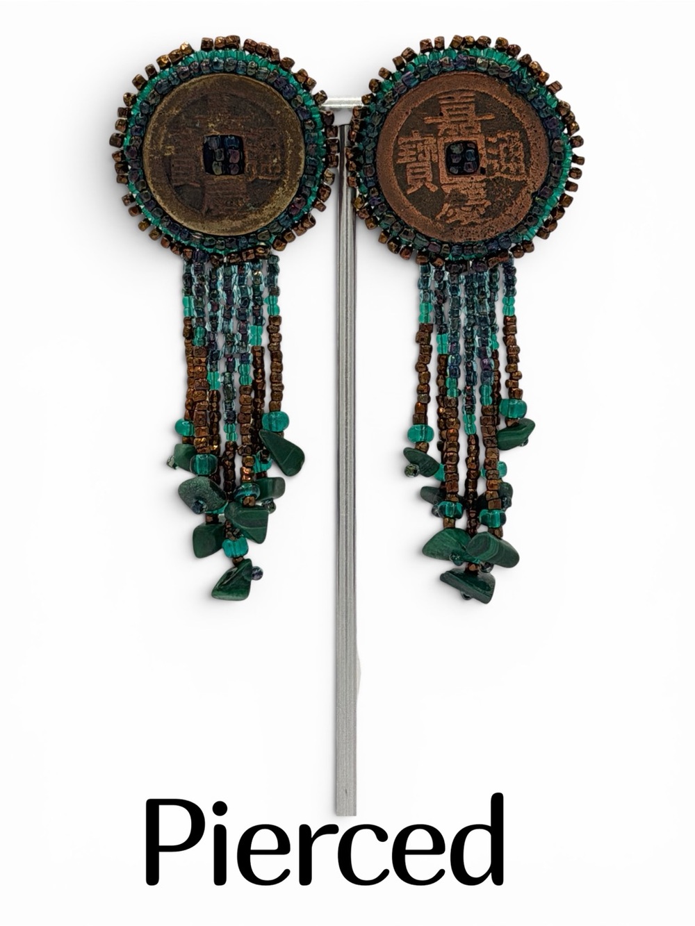 Artesian Antique Asian Coin Bohemian Teal, Copper & Emerald Green Beads Earrings